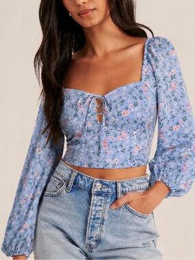 Abercrombie & Fitch Blue Floral Crop Top S Tie Front Puff Sleeve Smocked Back